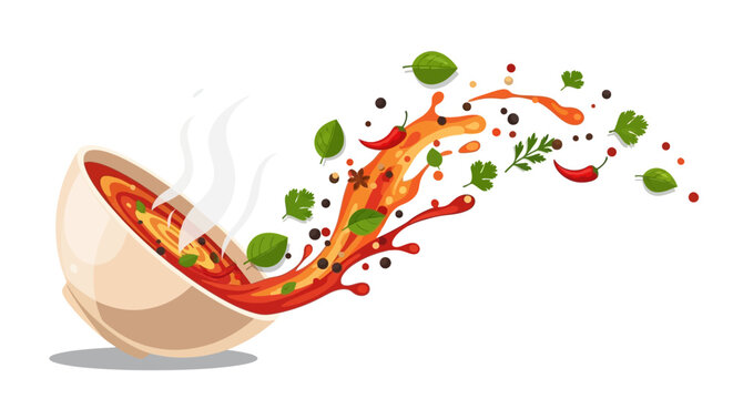 A bowl of steaming soup with splashes of ingredients.