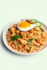 Fototapeta premium Thai Fried Rice with Chicken, Egg, and Vegetables — Asian Cuisine Food Photography