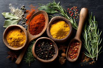 Assortment of Aromatic Spices and Herbs in Wooden Bowls on Dark Background, Close-up