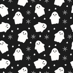 Cute ghost pattern on black background, perfect for Halloween, spooky season, or fun digital designs. Features smiling white ghosts and tiny stars.