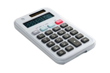 A white handheld calculator angled slightly