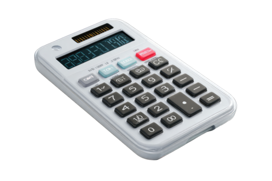 A white handheld calculator angled slightly