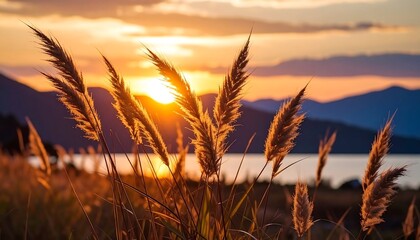 Golden sunset over a lake, with tall grasses in the foreground.