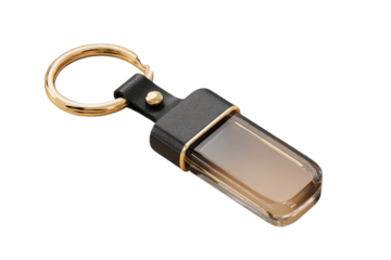 Sleek gold-toned key ring with a dark brown rectangular case