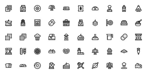 Bakery icon set. Vector illustration. Includes symbols for biscuit, doughnut, cake, oven, chef, bread, muffin, cupcake, croissant and more. Editable stroke.