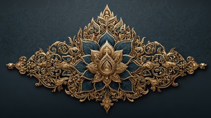 Ornate gold lotus flower and scrolling detail on a dark teal background create an elegant embellishment of regal opulence