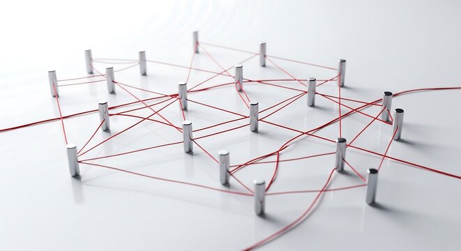 A network visualization showing interconnected metallic cylinders linked by red threads on a white surface. Represents complex relationships and connections.