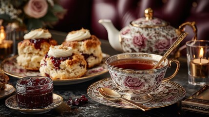 Naklejka premium Exquisite afternoon tea set featuring floral cups, tea, scones with jam, and golden accents on a table