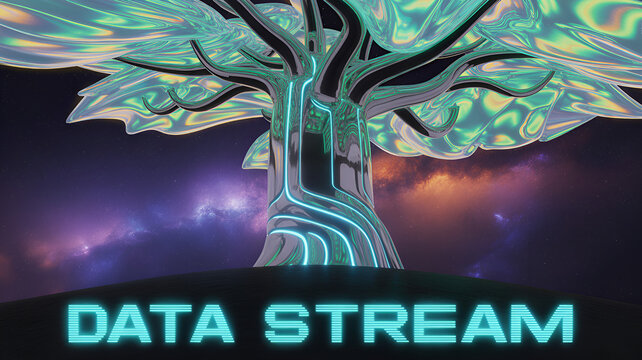 Data stream tree with glowing lines symbolizes digital connectivity and information flow