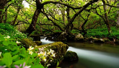 A tranquil stream flowing through a lush forest.