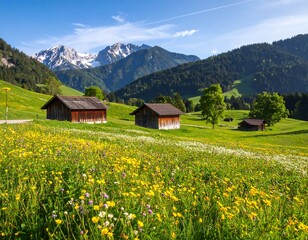 Alpine meadow with wooden houses