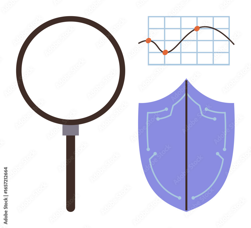 Poster magnifying glass, line graph with data points, and digital shield convey concepts of research, data 