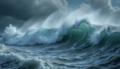 Powerful Storm Surge: Crashing Ocean Wave in Turbulent Sea