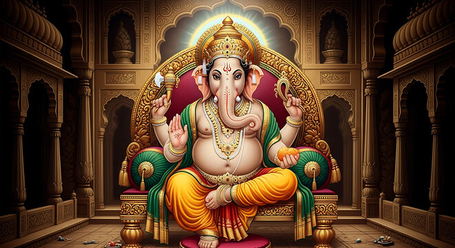 The Hindu deity Lord Ganesha sits majestically on an ornate throne inside a traditional Indian temple.