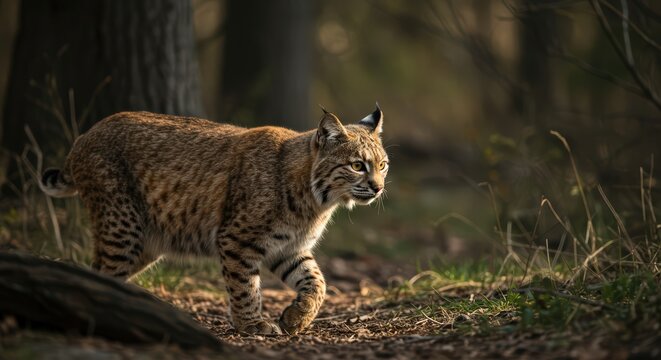 Bobcat walking in forest - Powered by Adobe