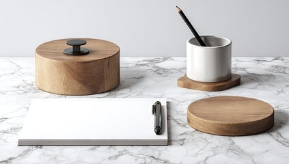 Minimalist wooden desk organizer with notepad, pen, pencil holder