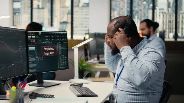 Trader in office spots suspicious login attempt warning on trading platform dashboard, working to fix error. Stockbroker seeing security alert notification of unauthorized login activity, camera B