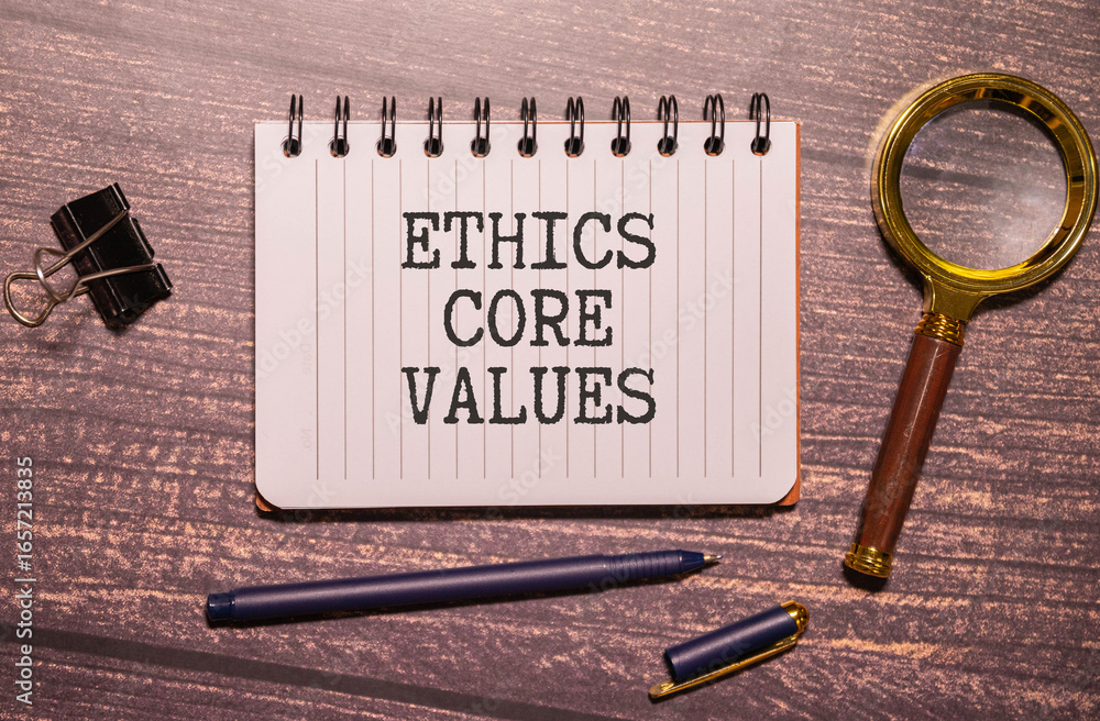 Poster our core values symbol. concept words our core values on wooden blocks.