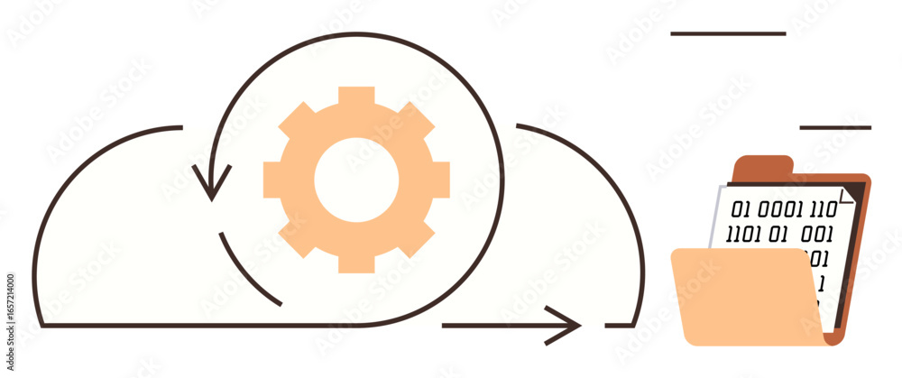 Poster cloud icon with gear symbolizing operations, folder containing binary data, arrows indicating sync f