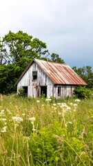 Old weathered barn in overgrown field