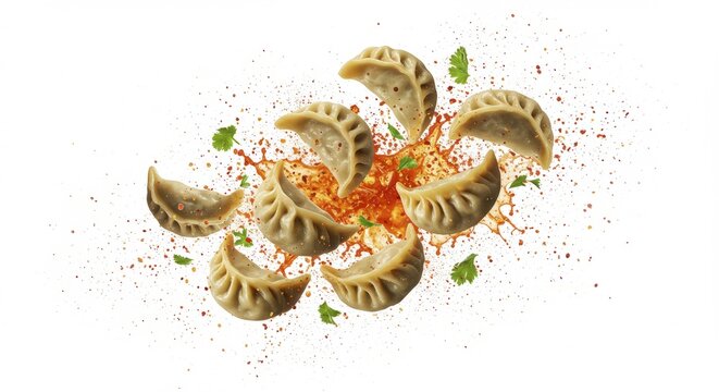 Steaming dumplings suspended mid-air with vibrant chili oil spla
