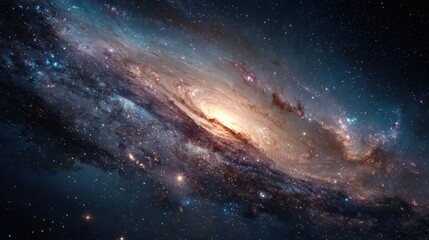 Spiral galaxy viewed from an angle shows its bright core and swirling arms