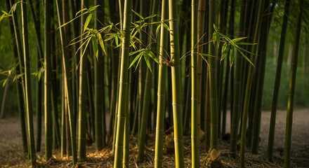 Fototapeta premium Lush Green Bamboo Forest with Tall Stalks and Dense Foliage Creating a Serene Natural Environment for Nature Enthusiasts and Eco Lovers
