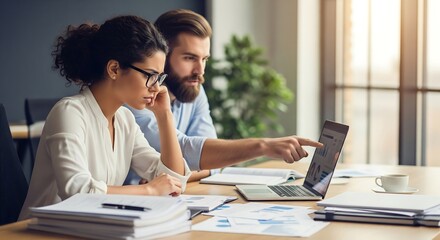 Two young professionals, a man and a woman, collaborate on a project, reviewing data on a laptop. They are seated at a desk amidst paperwork and appear focused and engaged.