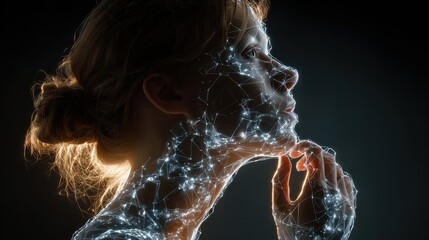 Close-up of a person's face covered in glitter with blue eyes, holding their hand close to the skin and staring into the distance