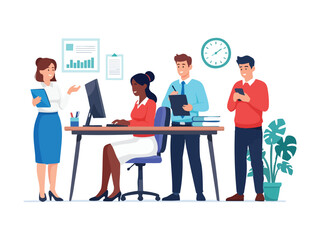 Group of four diverse office employees working together a woman at a computer others standing.