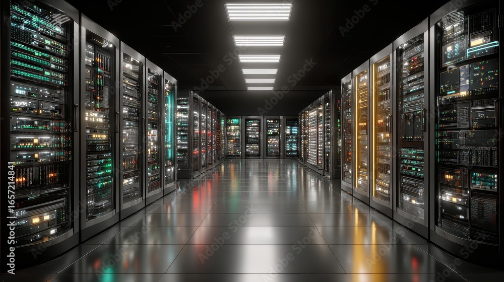 Aufkleber long row of server racks in a data center showing network activity