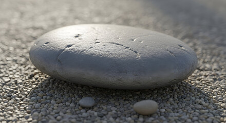 Close-up of smooth gray stone resting on textured gravel surface with sunlight highlighting its rounded shape and natural details for outdoor nature scene