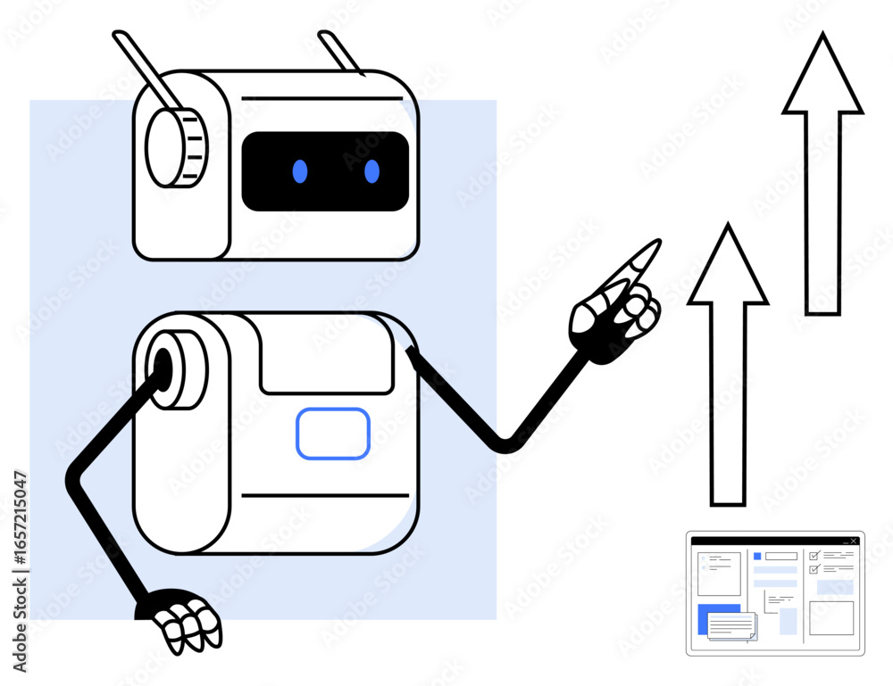 Poster friendly robot pointing upwards at arrows with a digital interface, symbolizing progress, technology