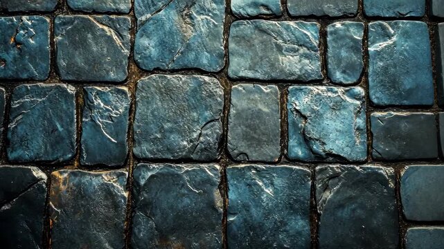 Textured Blue Cobblestone Pavement with Golden Grout and Subtle Light Reflections.
