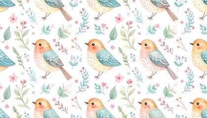 Delicate birds and flowers create a charming pattern.