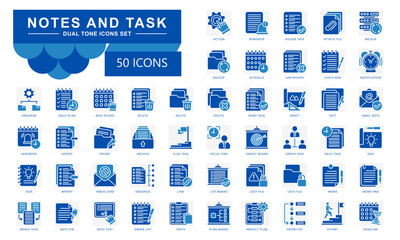 Notes and task dual tone icons set. contain schedule, reminder, delete, project plan, idea, notification, memo and more. Vector for modern concept, print, UI, UX kit, web and app development.