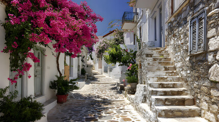 A Narrow Cobblestone Street on a Greek Island