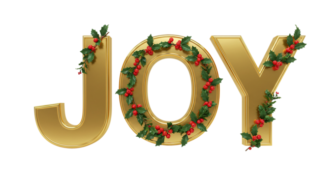 Golden joy text decorated with holly and berries on a black background for christmas holiday season