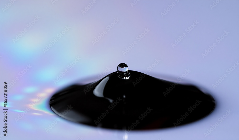 Poster a captivating close-up of a dark liquid drop creating a perfect rebound splash, illuminated by subtl