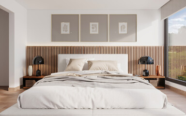 A luxurious hotel room interior with a comfortable bed, soft pillows, and warm lighting, 3d render 