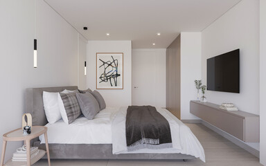 A stylish modern apartment bedroom with a comfortable bed, and elegant furniture, 3d render