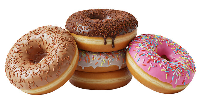 A stack of assorted donuts with chocolate sprinkles and pink frosting on a black background