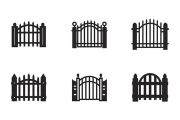 Fototapeta premium Collection of Black Gate Silhouettes on White Background Various Design Options Fencing and Entrance Ideas Vector Graphic