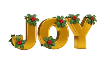 Golden joy text with holly berries and leaves on a black background for christmas holiday season