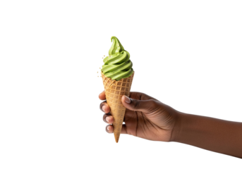 A hand holding a green matcha ice cream cone with a waffle cone on a black isolated background
