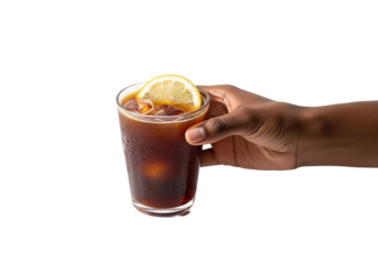 A dark skinned hand holding a glass of iced coffee with a lemon slice on a black background