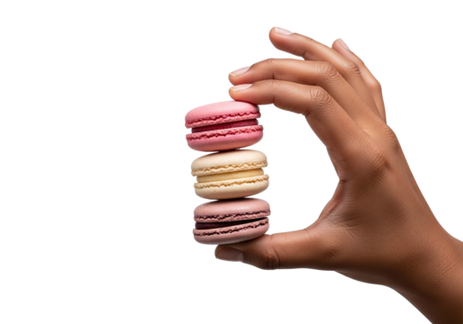 A hand holding a stack of three colorful macarons against a stark black background studio shot