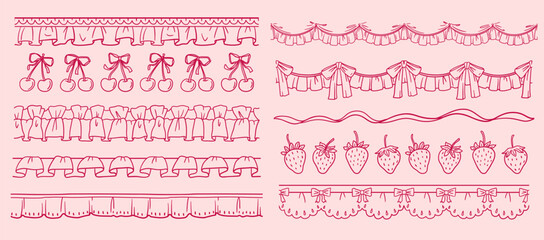 Vintage coquette lace dividers set. Hand drawn pink elegant ribbon, bow, strawberry, cherry, cloth ruffle, frill seamless borders. Cute ornament girly vector decor