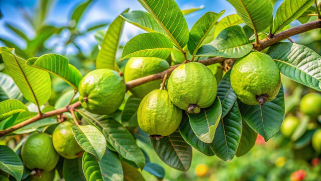 Guava fruits growing on a tree branch with green leaves and blue sky
