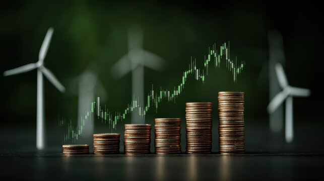 Small tree and wind turbine stand against blurred financial stock chart